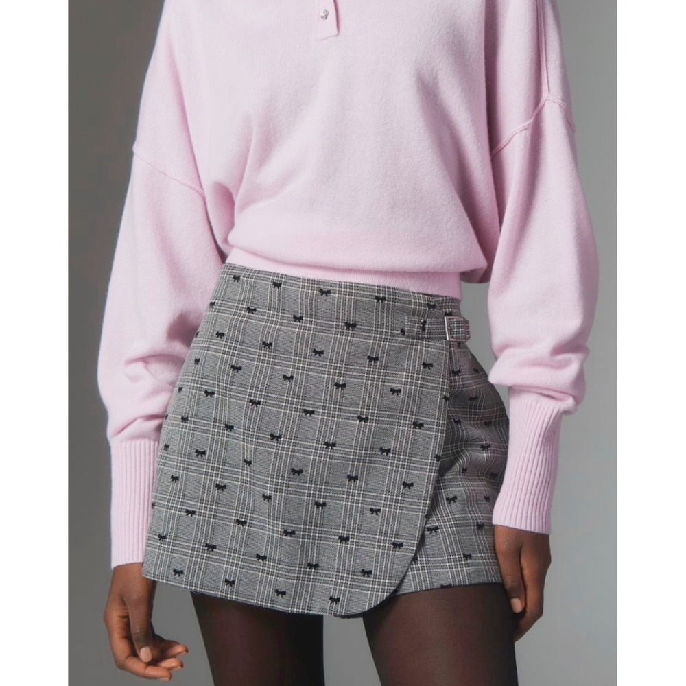 Maeve Anthropologie Grey Plaid Bow Embroidered Faux Wrap Skort Size 12 NEW